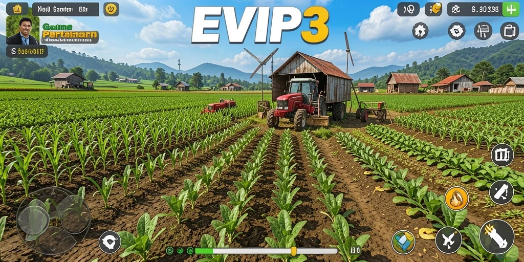 Tampilan gameplay EVIP3 yang menampilkan aktivitas pertanian yang seru.