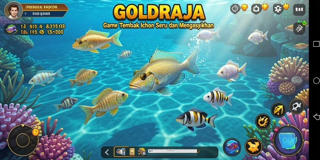 Screenshot gameplay GOLDRAJA menampilkan aksi menangkap ikan yang seru.