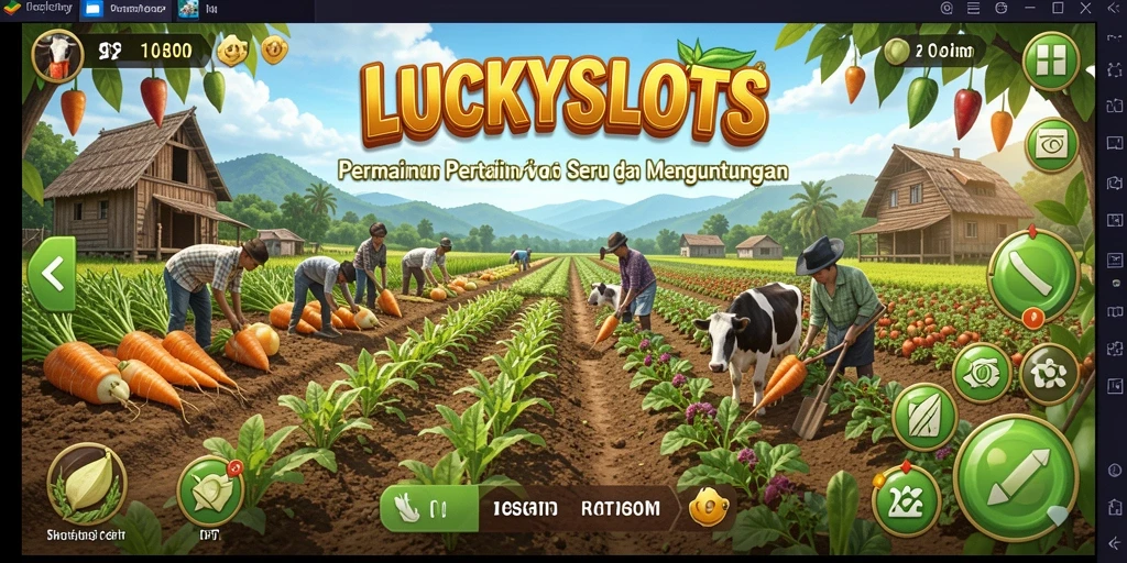 Screenshot gameplay LUCKYSLOTS menunjukkan ladang yang subur dan beragam tanaman.