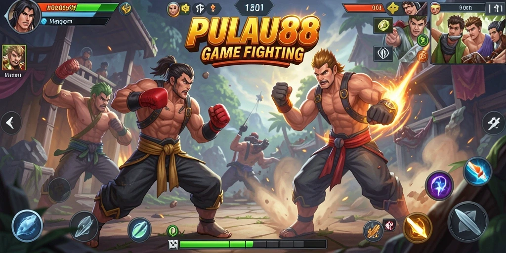 Screenshot gameplay PULAU88 menunjukkan pertarungan seru antara karakter-karakter kuat.