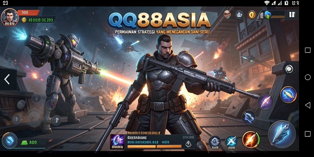 Screen utama gameplay QQ88ASIA menampilkan strategi pertempuran yang intens.