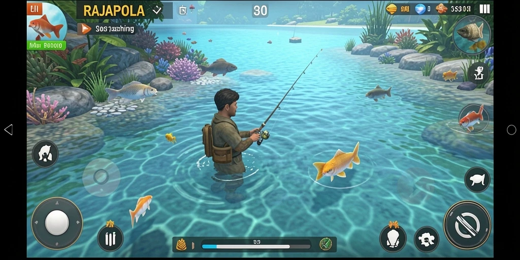 Tampilan gameplay seru RAJAPOLA saat menangkap ikan.