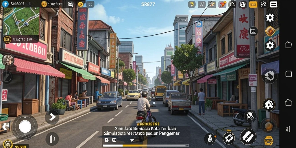 Screenshot gameplay SR877 menampilkan kota yang indah dengan berbagai bangunan.