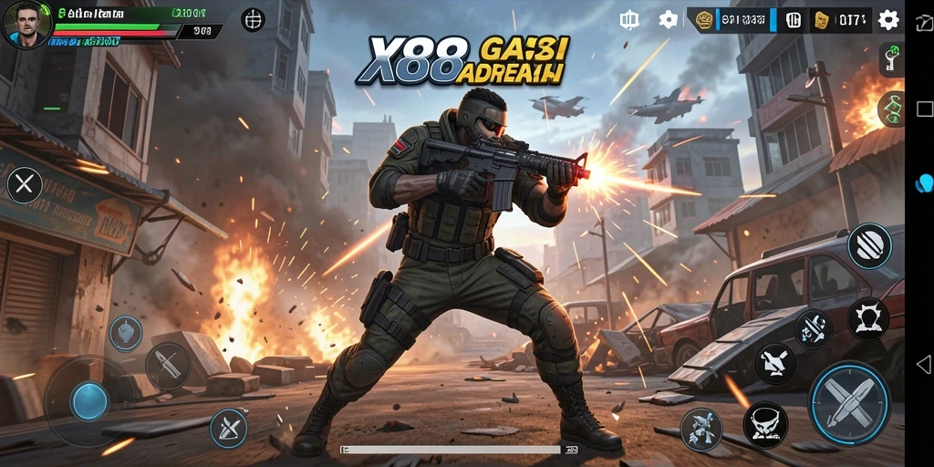 Screenshot gameplay X88 menampilkan aksi mendebarkan di medan pertempuran.